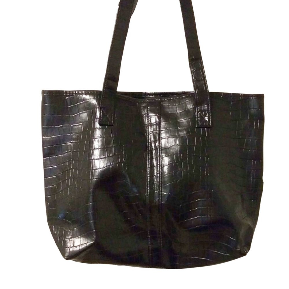 Black Croc Faux Leather Snap Closure Tote